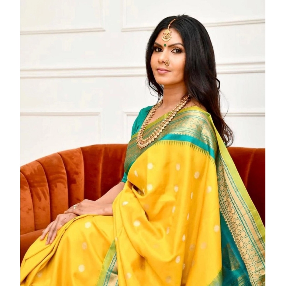 Women's Soft Lichi Silk Printed Saree with Blouse – Yellow