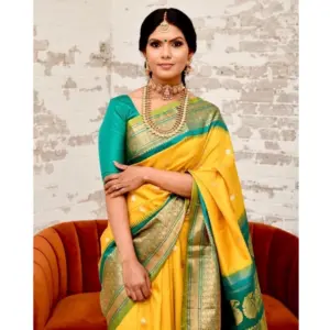 Women's Soft Lichi Silk Printed Saree with Blouse – Yellow