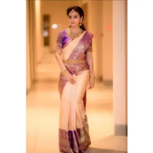 Women's Soft Lichi Silk Printed Saree with Blouse – Purple