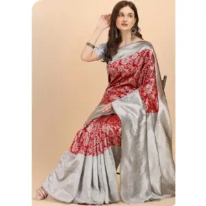 Women's Soft Lichi Silk Printed Saree with Blouse – Red