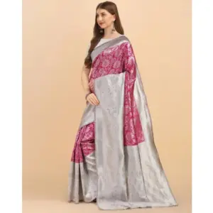Women's Soft Lichi Silk Printed Saree with Blouse – Pink