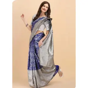 Women's Soft Lichi Silk Printed Saree with Blouse – Blue