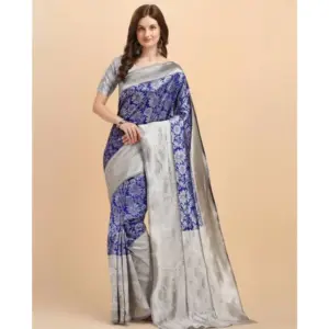 Women's Soft Lichi Silk Printed Saree with Blouse – Blue