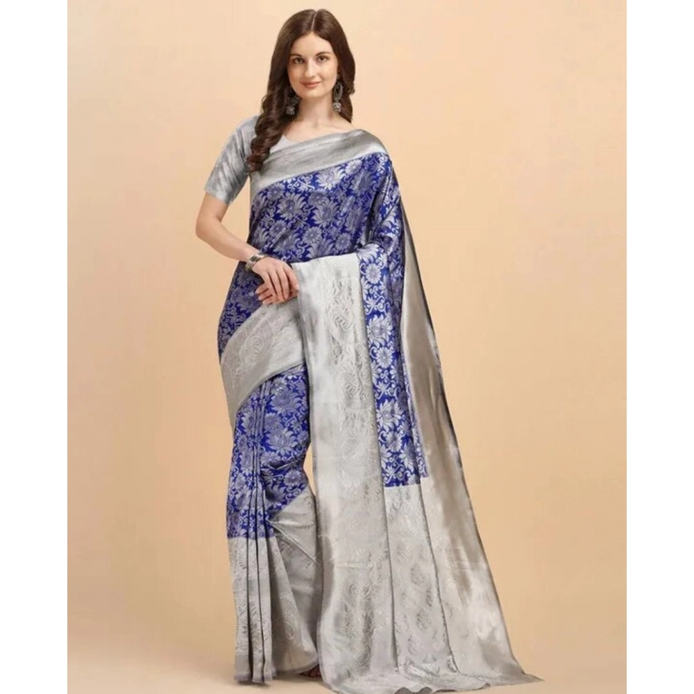 Women's Soft Lichi Silk Printed Saree with Blouse – Blue