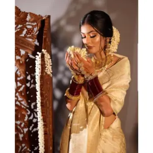 Women's Soft Lichi Silk Printed Saree with Blouse – Golden