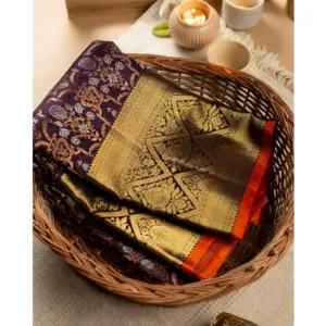 Women's Soft Lichi Silk Printed Saree with Blouse – Purple