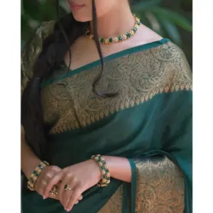 Women's Soft Lichi Silk Solid Saree with Blouse – Green