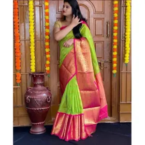 Women's Soft Lichi Silk Printed Saree with Blouse – Green