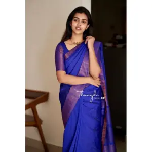Women's Soft Lichi Silk Solid Saree with Blouse – Blue