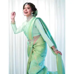 Women's Soft Lichi Silk Printed Saree with Blouse – Light Green