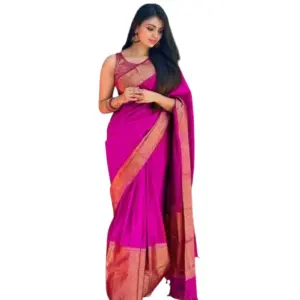 Women's Soft Lichi Silk Solid Saree with Blouse – Pink