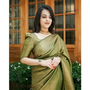Women's Soft Lichi Silk Printed Saree with Blouse – Green