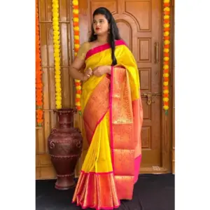 Women's Soft Lichi Silk Printed Saree with Blouse – Yellow
