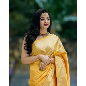 Women's Soft Lichi Silk Printed Saree with Blouse – Yellow
