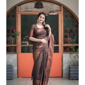 Women's Soft Lichi Silk Printed Saree with Blouse – Brown