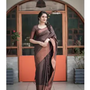 Women's Soft Lichi Silk Printed Saree with Blouse – Brown