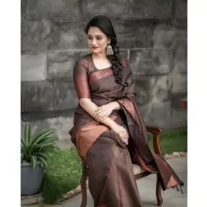 Women's Soft Lichi Silk Printed Saree with Blouse – Brown