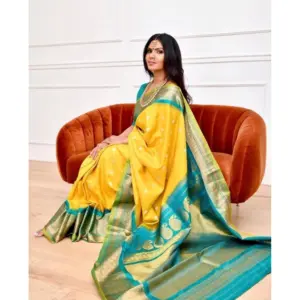 Women's Soft Lichi Silk Printed Saree with Blouse – Yellow