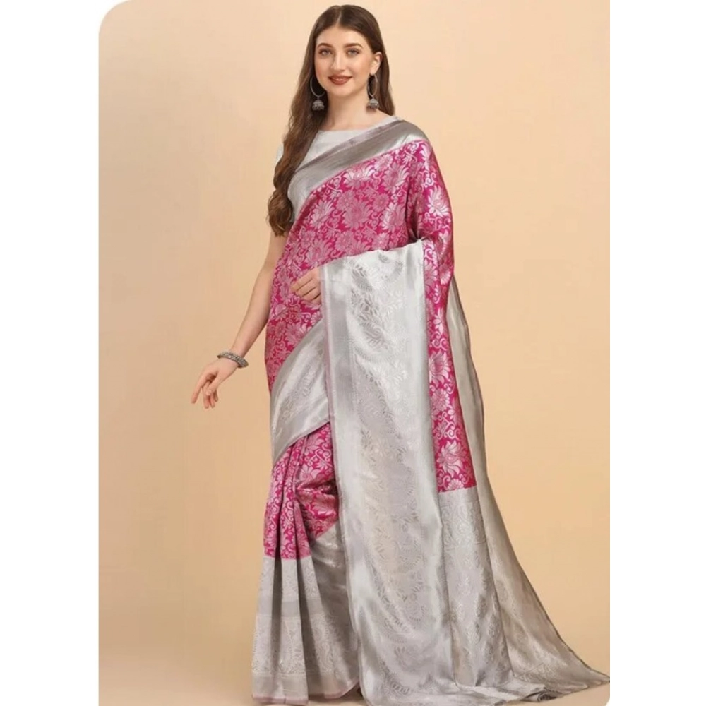 Women's Soft Lichi Silk Printed Saree with Blouse – Pink