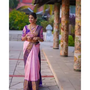 Women's Soft Lichi Silk Printed Saree with Blouse – Purple