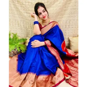 Women's Soft Lichi Silk Solid Saree with Blouse – Blue