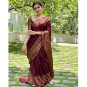 Women's Soft Lichi Silk Solid Saree with Blouse – Maroon