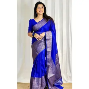Women's Soft Lichi Silk Solid Saree with Blouse – Blue