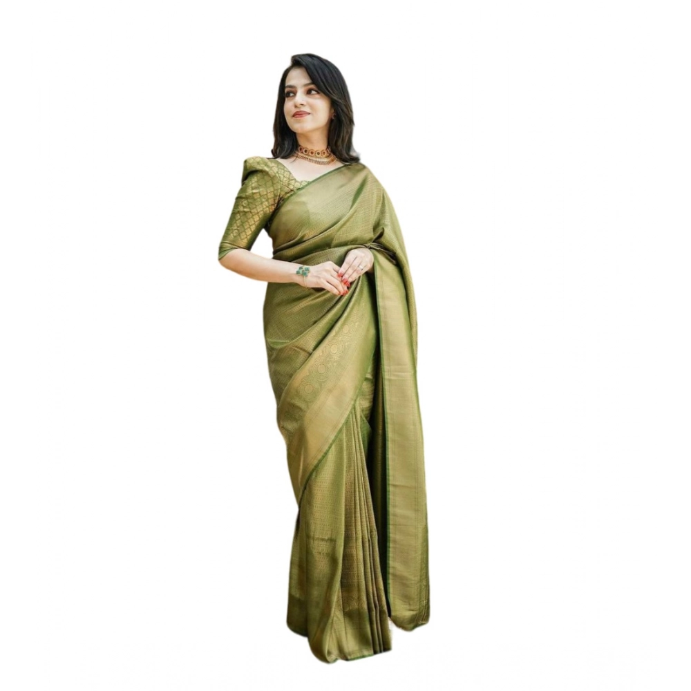 Women's Soft Lichi Silk Printed Saree with Blouse – Green