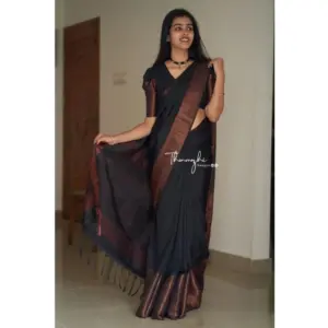 Women's Soft Lichi Silk Solid Saree with Blouse – Black