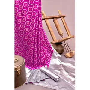 Women's Soft Lichi Silk Printed Saree with Blouse – Pink