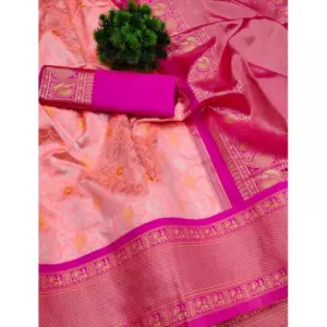 Women's Soft Lichi Silk Printed Saree with Blouse – Pink
