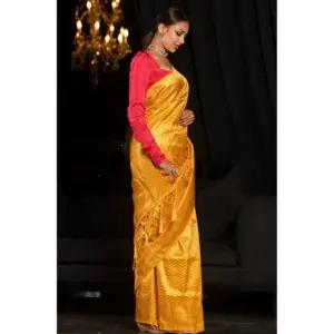Women's Soft Lichi Silk Woven Saree with Blouse – Yellow