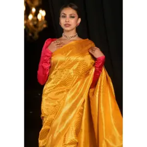 Women's Soft Lichi Silk Woven Saree with Blouse – Yellow