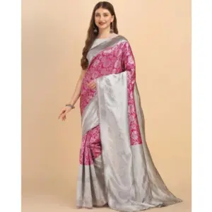 Women's Soft Lichi Silk Printed Saree with Blouse – Pink