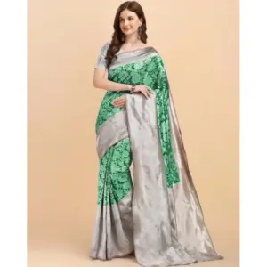 Women's Soft Lichi Silk Printed Saree with Blouse – Green