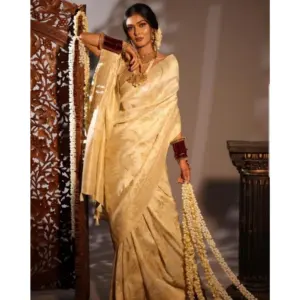 Women's Soft Lichi Silk Printed Saree with Blouse – Golden