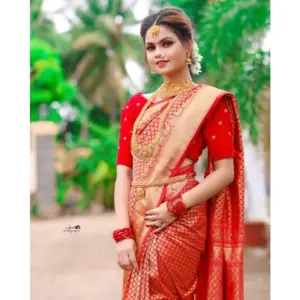 Women's Soft Lichi Silk Printed Saree with Blouse – Red