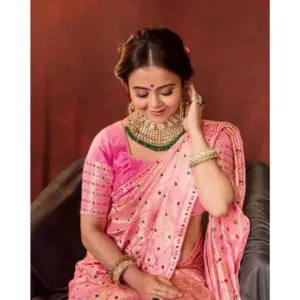 Women's Soft Lichi Silk Printed Saree with Blouse – Pink