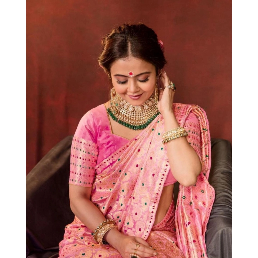 Women's Soft Lichi Silk Printed Saree with Blouse – Pink
