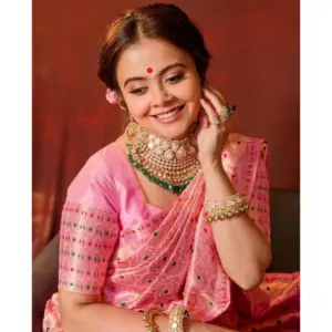 Women's Soft Lichi Silk Printed Saree with Blouse – Pink