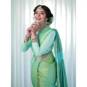 Women's Soft Lichi Silk Printed Saree with Blouse – Light Green