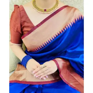 Women's Soft Lichi Silk Solid Saree with Blouse – Blue