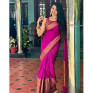Women's Soft Lichi Silk Solid Saree with Blouse – Pink