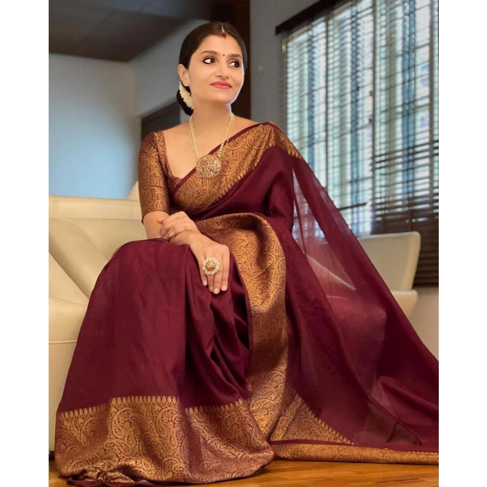 Women's Soft Lichi Silk Solid Saree with Blouse – Maroon