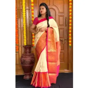 Women's Soft Lichi Silk Printed Saree with Blouse – Cream