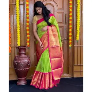 Women's Soft Lichi Silk Printed Saree with Blouse – Green