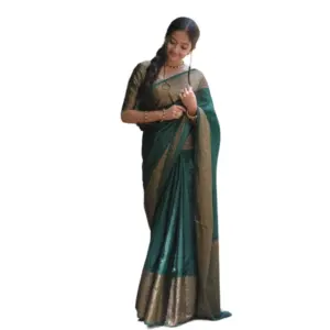 Women's Soft Lichi Silk Solid Saree with Blouse – Green