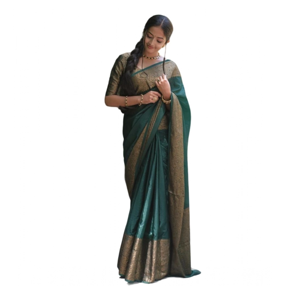 Women's Soft Lichi Silk Solid Saree with Blouse – Green