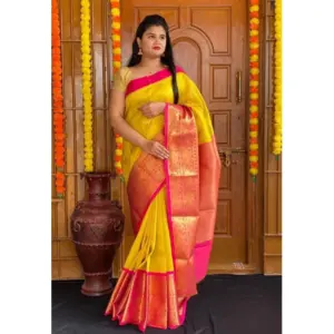 Women's Soft Lichi Silk Printed Saree with Blouse – Yellow