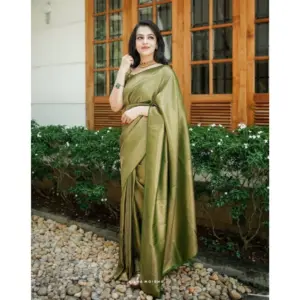 Women's Soft Lichi Silk Printed Saree with Blouse – Green